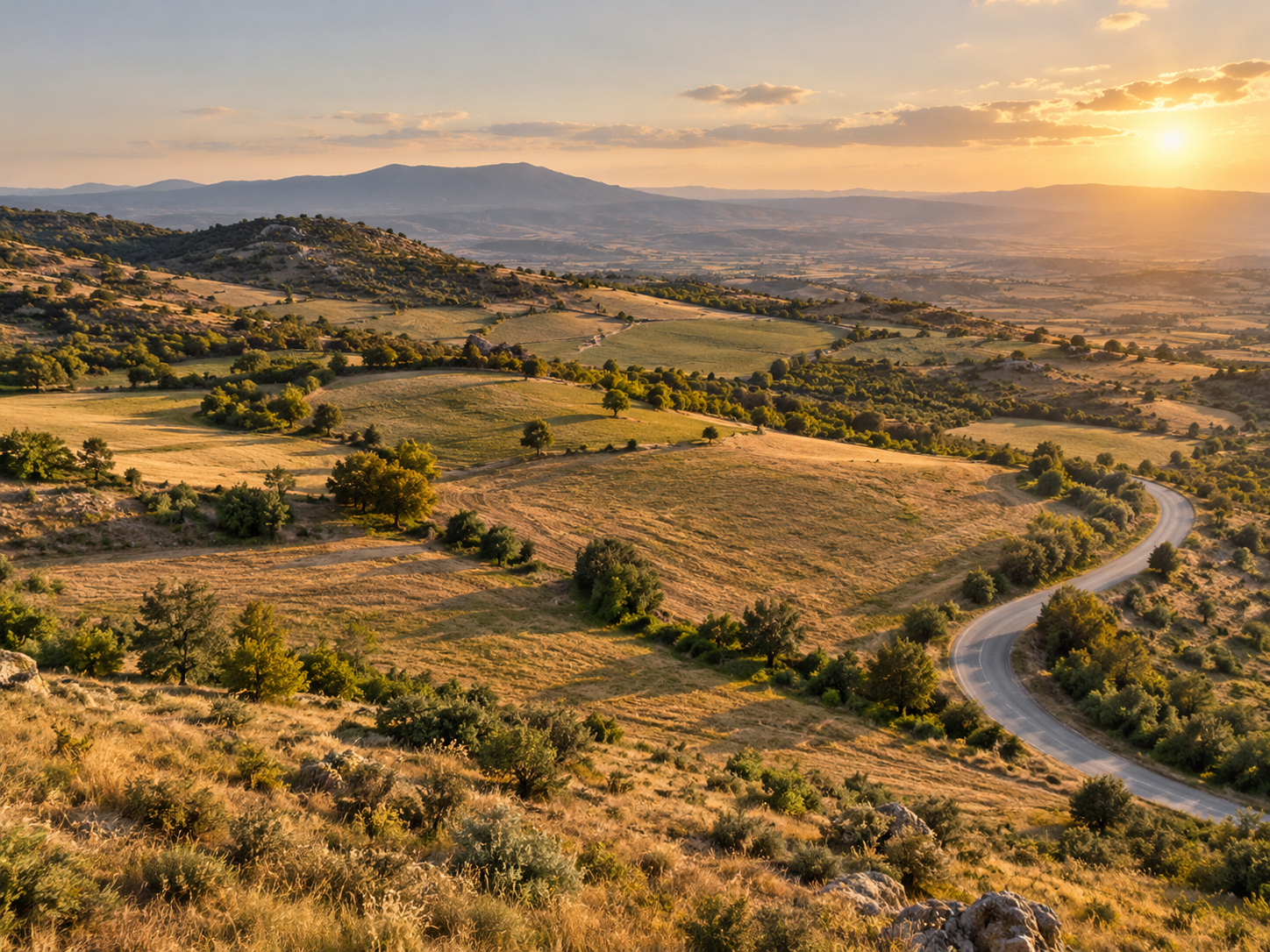 Gün batımında kırsal arazi ve yol manzarası
